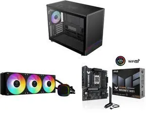 Gamdias ATHENA M4M mini ITX/mATX PC case, 3 PWM fans, fits 395mm GPU, ATX PSU, 360mm radiators. GAMDIAS Aura GLV2 360mm AIO Cooler, 3x120mm fans, Intel/AMD compatible. ASUS TUF B850M-E WIFI mATX motherboard, DDR5, PCIe 5.0, WiFi 6E, USB-C. Gamdias ATHENA M4M mini ITX/mATX PC case, 3 PWM fans, fits 395mm GPU, ATX PSU, 360mm radiators. GAMDIAS Aura GLV2 360mm AIO Cooler, 3x120mm fans, Intel/AMD compatible. ASUS TUF B850M-E WIFI mATX motherboard, DDR5, PCIe 5.0, WiFi 6E, USB-C.