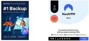 Acronis True Image 2025 Backup Software, Perpetual License, 3 Computers, Windows and Mac, Digital Download NordVPN Basic, Premium VPN Service - 10 Devices /1 Year- Download Acronis True Image 2025 Backup Software, Perpetual License, 3 Computers, Windows and Mac, Digital Download NordVPN Basic, Premium VPN Service - 10 Devices /1 Year- Download