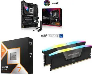 ASUS ROG STRIX X870E-E GAMING WIFI AMD AM5 X870 ATX motherboard, 18+2+2 power stages, DDR5, WiFi 7, 5x M.2, PCIe 5.0, USB4, AI OCing. AMD Ryzen 7 9800X3D 8-Core 5.2 GHz, Radeon Graphics. CORSAIR Vengeance RGB 32GB DDR5 6000 RAM. ASUS ROG STRIX X870E-E GAMING WIFI AMD AM5 X870 ATX motherboard, 18+2+2 power stages, DDR5, WiFi 7, 5x M.2, PCIe 5.0, USB4, AI OCing. AMD Ryzen 7 9800X3D 8-Core 5.2 GHz, Radeon Graphics. CORSAIR Vengeance RGB 32GB DDR5 6000 RAM.