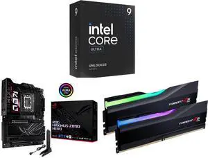 Intel Core Ultra 9 285K, Arrow Lake 24-Core, LGA 1851, 125W Processor ASUS ROG MAXIMUS Z890 HERO, LGA 1851, DDR5, WiFi 7, PCIe 5.0, Thunderbolt 4 G.SKILL Trident Z5 RGB 32GB (2x16GB) DDR5 6000 Desktop Memory Intel Core Ultra 9 285K, Arrow Lake 24-Core, LGA 1851, 125W Processor ASUS ROG MAXIMUS Z890 HERO, LGA 1851, DDR5, WiFi 7, PCIe 5.0, Thunderbolt 4 G.SKILL Trident Z5 RGB 32GB (2x16GB) DDR5 6000 Desktop Memory