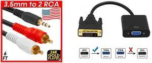 6ft 3.5mm to RCA Cable 2RCA to AUX Cord 2-RCA Adapter Stereo Audio Y-Cable NEW and Idealforce DVI-D 24+1 Pin Male to VGA Female Adapter | Active Digital to Analog Video Converter Cable | Short 125mm/5 Inch Design for PC, Graphics Card, Monitor, Projector | 1080P Full HD 6ft 3.5mm to RCA Cable 2RCA to AUX Cord 2-RCA Adapter Stereo Audio Y-Cable NEW and Idealforce DVI-D 24+1 Pin Male to VGA Female Adapter | Active Digital to Analog Video Converter Cable | Short 125mm/5 Inch Design for PC, Graphics Card, Monitor, Projector | 1080P Full HD