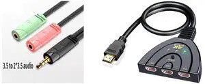Idealforce 3.5mm Audio Splitter Cable, 1 Male to 2 Female Gold-Plated Headphone Adapter. Share audio from smartphones, tablets, laptops, or car stereos with two headphones or speakers and Idealforce 3 Port HDMI Switch Box 3x1 | 3 in 1 Out HDMI Switcher Selector for PS5, Xbox Series X/S, Nintendo Switch, Fire TV, Roku, Blu-ray Player, PC, Laptop, Monitor, HDTV | 1080P Full HD Auto-Switc Idealforce 3.5mm Audio Splitter Cable, 1 Male to 2 Female Gold-Plated Headphone Adapter. Share audio from smartphones, tablets, laptops, or car stereos with two headphones or speakers and Idealforce 3 Port HDMI Switch Box 3x1 | 3 in 1 Out HDMI Switcher Selector for PS5, Xbox Series X/S, Nintendo Switch, Fire TV, Roku, Blu-ray Player, PC, Laptop, Monitor, HDTV | 1080P Full HD Auto-Switc