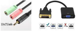 Idealforce 3.5mm Audio Splitter Cable, 1 Male to 2 Female Gold-Plated Headphone Adapter. Share audio from smartphones, tablets, laptops, or car stereos with two headphones or speakers and Idealforce DVI-D 24+1 Pin Male to VGA Female Adapter | Active Digital to Analog Video Converter Cable | Short 125mm/5 Inch Design for PC, Graphics Card, Monitor, Projector | 1080P Full HD Idealforce 3.5mm Audio Splitter Cable, 1 Male to 2 Female Gold-Plated Headphone Adapter. Share audio from smartphones, tablets, laptops, or car stereos with two headphones or speakers and Idealforce DVI-D 24+1 Pin Male to VGA Female Adapter | Active Digital to Analog Video Converter Cable | Short 125mm/5 Inch Design for PC, Graphics Card, Monitor, Projector | 1080P Full HD
