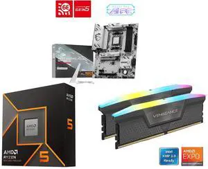 MSI B850 GAMING PLUS WIFI6E Motherboard, ATX, AMD Ryzen 9000/8000/7000, AM5, DDR5 8200+ MT/s (OC), PCIe 4.0 x16, M.2 Gen5, Wi-Fi 6E, 2.5G LAN; AMD Ryzen 5 9600X 6-Core 3.9 GHz, AM5, Radeon Graphics; CORSAIR Vengeance RGB 16GB DDR5 6000 MSI B850 GAMING PLUS WIFI6E Motherboard, ATX, AMD Ryzen 9000/8000/7000, AM5, DDR5 8200+ MT/s (OC), PCIe 4.0 x16, M.2 Gen5, Wi-Fi 6E, 2.5G LAN; AMD Ryzen 5 9600X 6-Core 3.9 GHz, AM5, Radeon Graphics; CORSAIR Vengeance RGB 16GB DDR5 6000