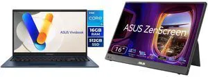 ASUS Vivobook 15.6" TouchScreen Intel Core i5-1334U - 16GB RAM - 512 GB SSD Windows 11 Home (F1504VA-BS51T) ASUS ZenScreen 16 inch WQXGA Full HD 155Hz USB-C IPS Portable Monitor with Tripod Socket MB16NCG ASUS Vivobook 15.6" TouchScreen Intel Core i5-1334U - 16GB RAM - 512 GB SSD Windows 11 Home (F1504VA-BS51T) ASUS ZenScreen 16 inch WQXGA Full HD 155Hz USB-C IPS Portable Monitor with Tripod Socket MB16NCG