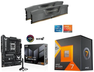 CORSAIR Vengeance 32GB (2x16GB) DDR5 6000 RAM, ASUS TUF GAMING B850-PLUS WIFI ATX motherboard, 14+2+1 80A, AI Ready, DDR5, PCIe 5.0, 3x M.2, Wi-Fi 7, 2.5Gb LAN, USB Type-C, AMD Ryzen 7 7800X3D 8-Core 4.2 GHz CPU CORSAIR Vengeance 32GB (2x16GB) DDR5 6000 RAM, ASUS TUF GAMING B850-PLUS WIFI ATX motherboard, 14+2+1 80A, AI Ready, DDR5, PCIe 5.0, 3x M.2, Wi-Fi 7, 2.5Gb LAN, USB Type-C, AMD Ryzen 7 7800X3D 8-Core 4.2 GHz CPU