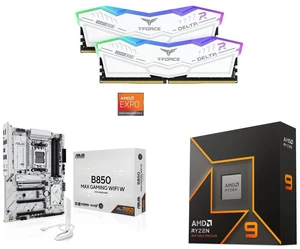 Team T-Force Delta RGB 32GB (2x16GB) DDR5 6000 RAM, ASUS B850 MAX GAMING WIFI W ATX Motherboard, AMD Ryzen 9 9900X 12-Core 4.4 GHz CPU, PCIe 5.0, Wi-Fi 6E, 2.5Gb LAN, USB-C, DisplayPort, HDMI, Aura Sync Team T-Force Delta RGB 32GB (2x16GB) DDR5 6000 RAM, ASUS B850 MAX GAMING WIFI W ATX Motherboard, AMD Ryzen 9 9900X 12-Core 4.4 GHz CPU, PCIe 5.0, Wi-Fi 6E, 2.5Gb LAN, USB-C, DisplayPort, HDMI, Aura Sync