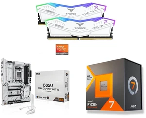 Team T-Force Delta RGB 32GB (2x16GB) DDR5 6000 RAM, ASUS B850 MAX GAMING WIFI W - AMD AM5 ATX Motherboard, DDR5, PCIe 5.0, 3x M.2, Wi-Fi 6E, 2.5Gb LAN, USB-C, DisplayPort, HDMI, AMD Ryzen 7 7700X3D 8-Core 4.0 GHz CPU Team T-Force Delta RGB 32GB (2x16GB) DDR5 6000 RAM, ASUS B850 MAX GAMING WIFI W - AMD AM5 ATX Motherboard, DDR5, PCIe 5.0, 3x M.2, Wi-Fi 6E, 2.5Gb LAN, USB-C, DisplayPort, HDMI, AMD Ryzen 7 7700X3D 8-Core 4.0 GHz CPU