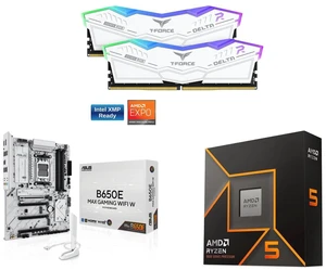 Team Group 16GB (2x8GB) DDR5 6000 RAM, ASUS B650E MAX GAMING WIFI W Motherboard, AMD Ryzen 5 9600X 6-Core 3.9GHz CPU, PCIe 5.0, Wi-Fi 6E, 2.5Gb LAN, USB-C, DisplayPort, HDMI, Aura Sync, Radeon Graphics Team Group 16GB (2x8GB) DDR5 6000 RAM, ASUS B650E MAX GAMING WIFI W Motherboard, AMD Ryzen 5 9600X 6-Core 3.9GHz CPU, PCIe 5.0, Wi-Fi 6E, 2.5Gb LAN, USB-C, DisplayPort, HDMI, Aura Sync, Radeon Graphics