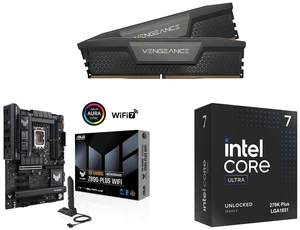 CORSAIR Vengeance Model CMK32GX5M2E6000C36 + ASUS TUF GAMING Z890-PLUS WIFI Z890 LGA 1851 ATX motherboard, Intel® Core™ + Intel Core Ultra 7 270K Plus Processor 24 cores (8 P-cores + 16 E-cores) up to 5.5 GHz BX80768270K