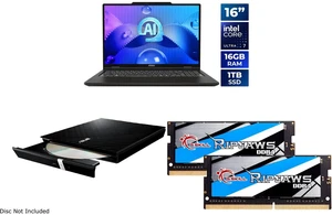 MSI 16" Venture 16 AI 2K 120Hz OLED Laptop, Intel Core Ultra 7 155H, Intel Arc Graphics, 16GB DDR5, 1TB NVMe SSD, Windows 11 Home, ASUS USB 2.0 External CD/DVD Re-writer, G.SKILL Ripjaws 32GB DDR4 3200 Laptop Memory MSI 16" Venture 16 AI 2K 120Hz OLED Laptop, Intel Core Ultra 7 155H, Intel Arc Graphics, 16GB DDR5, 1TB NVMe SSD, Windows 11 Home, ASUS USB 2.0 External CD/DVD Re-writer, G.SKILL Ripjaws 32GB DDR4 3200 Laptop Memory