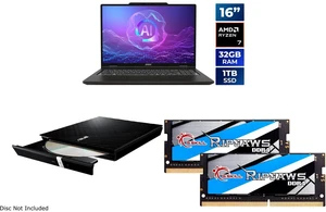 MSI Venture A16 AI+ 16" FHD+ Touch Laptop, Ryzen AI 7 350, Radeon Graphics, 32GB DDR5, 1TB NVMe SSD, Win 11 (A3HMTG-035CA) ASUS USB 2.0 Slim CD/DVD Re-writer, G.SKILL Ripjaws 32GB DDR4 3200 SO-DIMM MSI Venture A16 AI+ 16" FHD+ Touch Laptop, Ryzen AI 7 350, Radeon Graphics, 32GB DDR5, 1TB NVMe SSD, Win 11 (A3HMTG-035CA) ASUS USB 2.0 Slim CD/DVD Re-writer, G.SKILL Ripjaws 32GB DDR4 3200 SO-DIMM