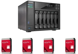Asustor Lockerstor 6 Gen 2 AS6706T 6 Bay NAS, Quad-Core 2.0GHz, Dual 2.5GbE Ports, 8GB RAM DDR4, Four M.2 SSD Slots (Diskless) 4 x WD Red Plus 12TB NAS Hard Disk Drive - 7200 RPM Class SATA 6Gb/s, CMR, 512MB Cache, 3.5 Inch - WD120EFGX Asustor Lockerstor 6 Gen 2 AS6706T 6 Bay NAS, Quad-Core 2.0GHz, Dual 2.5GbE Ports, 8GB RAM DDR4, Four M.2 SSD Slots (Diskless) 4 x WD Red Plus 12TB NAS Hard Disk Drive - 7200 RPM Class SATA 6Gb/s, CMR, 512MB Cache, 3.5 Inch - WD120EFGX