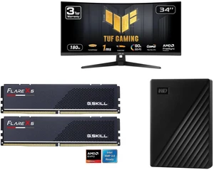 ASUS TUF 34" QHD 180Hz Curved Monitor VG34VQ3B, G.SKILL Flare X5 32GB DDR5 6000 RAM, WD 5TB My Passport USB 3.2 External Hard Drive ASUS TUF 34" QHD 180Hz Curved Monitor VG34VQ3B, G.SKILL Flare X5 32GB DDR5 6000 RAM, WD 5TB My Passport USB 3.2 External Hard Drive