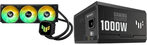 ASUS TUF Gaming LC III 360 ARGB LCD with triple fans for high airflow; 2.8" LCD for monitoring, custom GIFs/MP4s. ASUS TUF Gaming 1000W Gold PSU, ATX 3.0, Fully Modular, 80+ Gold, Military-grade, Dual Ball Bearing, Axial-tech Fan. ASUS TUF Gaming LC III 360 ARGB LCD with triple fans for high airflow; 2.8" LCD for monitoring, custom GIFs/MP4s. ASUS TUF Gaming 1000W Gold PSU, ATX 3.0, Fully Modular, 80+ Gold, Military-grade, Dual Ball Bearing, Axial-tech Fan.