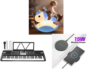 Rocking Unicorn Rainbow Night Light Touch 3 Brightness Levels Timer Bedside Lamp and Piano Keyboard for Kids 61 Key Electric Organ with Music Stand and Microphone and 15W Aluminum Wireless Charging Stand, Lightweight & Portable for Android & iOS Rocking Unicorn Rainbow Night Light Touch 3 Brightness Levels Timer Bedside Lamp and Piano Keyboard for Kids 61 Key Electric Organ with Music Stand and Microphone and 15W Aluminum Wireless Charging Stand, Lightweight & Portable for Android & iOS