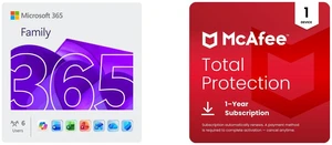 Microsoft 365 Family 12-Month Subscription, Up to 6 People | Word, Excel, PowerPoint | 1TB OneDrive | PC/MAC Download McAfee Total Protection 2026 | 1 Device | Antivirus, Scam Protection, VPN | 1-Year Auto-Renewal | Digital Download Microsoft 365 Family 12-Month Subscription, Up to 6 People | Word, Excel, PowerPoint | 1TB OneDrive | PC/MAC Download McAfee Total Protection 2026 | 1 Device | Antivirus, Scam Protection, VPN | 1-Year Auto-Renewal | Digital Download