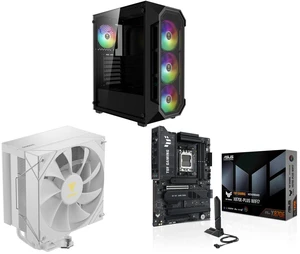 Gamdias AURA GC1 ELITE ATX Mid-Tower PC Case: Mesh Front, 4 ARGB Fans, Tempered Glass, GPU 340mm/360mm AIO. Boreas E2-410WH CPU Cooler: 4 Heat Pipes, 120mm Fan, LGA/AM Support. ASUS TUF X870E-PLUS WIFI7 Motherboard: DDR5, PCIe 5.0, 4 M.2, W Gamdias AURA GC1 ELITE ATX Mid-Tower PC Case: Mesh Front, 4 ARGB Fans, Tempered Glass, GPU 340mm/360mm AIO. Boreas E2-410WH CPU Cooler: 4 Heat Pipes, 120mm Fan, LGA/AM Support. ASUS TUF X870E-PLUS WIFI7 Motherboard: DDR5, PCIe 5.0, 4 M.2, W