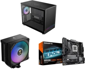 Gamdias ATHENA M4M mini ITX/mATX case, 3 PWM fans, fits 395mm GPU, ATX PSU, 360mm radiators. Boreas M2-51D ARGB CPU Cooler, 5 heat pipes, 120mm fan, LGA/AM support. GIGABYTE B850M EAGLE WIFI6E AMD AM5 M-ATX, DDR5, PCIe 5.0, USB-C, 2.5GbE LA Gamdias ATHENA M4M mini ITX/mATX case, 3 PWM fans, fits 395mm GPU, ATX PSU, 360mm radiators. Boreas M2-51D ARGB CPU Cooler, 5 heat pipes, 120mm fan, LGA/AM support. GIGABYTE B850M EAGLE WIFI6E AMD AM5 M-ATX, DDR5, PCIe 5.0, USB-C, 2.5GbE LA
