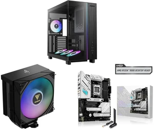 Gamdias ATLAS M4 ATX case: 4x120mm PWM ARGB fans, Adjustable Fan Mount, Chimney Airflow, Anti-Sag GPU Bracket, Front PSU. Boreas M2-51D ARGB CPU Cooler: Digital Display, 5 Heat Pipes, 120mm Fan. ASUS ROG Strix B650-A: AM5, DDR5, 3x M.2, PCI Gamdias ATLAS M4 ATX case: 4x120mm PWM ARGB fans, Adjustable Fan Mount, Chimney Airflow, Anti-Sag GPU Bracket, Front PSU. Boreas M2-51D ARGB CPU Cooler: Digital Display, 5 Heat Pipes, 120mm Fan. ASUS ROG Strix B650-A: AM5, DDR5, 3x M.2, PCI