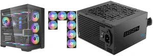 SAMA V52 PC Case with 7 ARGB Fans and Hub, Full View Tempered Glass Mid Tower Gaming Case, Type-C, High Airflow, Supports ATX / Micro-ATX / Mini-ITX, Supports 420mm GPU & 360mm Radiator,Black and SAMA B850 850W ATX 3.1 Power Supply, Cybenetics Bronze Certified, PCIe 5.1 Ready 12V-2x6 (450W), APFC LLC + DC-DC Design, 120mm Silent Fan, Non-Modular Gaming PC PSU SAMA V52 PC Case with 7 ARGB Fans and Hub, Full View Tempered Glass Mid Tower Gaming Case, Type-C, High Airflow, Supports ATX / Micro-ATX / Mini-ITX, Supports 420mm GPU & 360mm Radiator,Black and SAMA B850 850W ATX 3.1 Power Supply, Cybenetics Bronze Certified, PCIe 5.1 Ready 12V-2x6 (450W), APFC LLC + DC-DC Design, 120mm Silent Fan, Non-Modular Gaming PC PSU