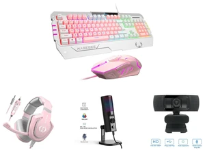 INMISS Wired Gaming Keyboard and Mouse Combo, 104 Keys Pink White Mixed Rainbow RGB Backlit Mechanical Feel Keyboard, Ergonomic RGB Gaming Mouse, Full Size USB Keyboard Set for PC Laptop Desktop and INMISS AH28 Pink Wired Gaming Headset, Over Ear Headphones with Noise Reduction Mic, 50mm Stereo for PS5 PS4 Xbox Switch PC Laptop and INMISS USB Gaming Microphone RGB Condenser Mic 3 Polar Patterns ENC Dual Noise Cancelling 3.5mm Zero Latency Monitoring Jack Streaming Podcast Recording and 1080p HD Fixed Focus Webcam, USB Camera with Microphone Free Cover Slide, Mini Plug and Play Video Calling Computer Camera, Built-in Mic, Flexible Rotatable Clip(The Tripod not included) INMISS Wired Gaming Keyboard and Mouse Combo, 104 Keys Pink White Mixed Rainbow RGB Backlit Mechanical Feel Keyboard, Ergonomic RGB Gaming Mouse, Full Size USB Keyboard Set for PC Laptop Desktop and INMISS AH28 Pink Wired Gaming Headset, Over Ear Headphones with Noise Reduction Mic, 50mm Stereo for PS5 PS4 Xbox Switch PC Laptop and INMISS USB Gaming Microphone RGB Condenser Mic 3 Polar Patterns ENC Dual Noise Cancelling 3.5mm Zero Latency Monitoring Jack Streaming Podcast Recording and 1080p HD Fixed Focus Webcam, USB Camera with Microphone Free Cover Slide, Mini Plug and Play Video Calling Computer Camera, Built-in Mic, Flexible Rotatable Clip(The Tripod not included)