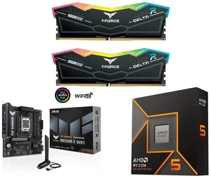 Team Delta 16GB (2x8GB) DDR5 5200 Desktop Memory, ASUS TUF GAMING B850M-E WIFI mATX motherboard, DDR5, PCIe 5.0, 3 M.2, WiFi 6E, 2.5Gb Ethernet, USB-C, AMD Ryzen 5 9600X 6-Core 3.9 GHz, Radeon Graphics, Socket AM5 65W Team Delta 16GB (2x8GB) DDR5 5200 Desktop Memory, ASUS TUF GAMING B850M-E WIFI mATX motherboard, DDR5, PCIe 5.0, 3 M.2, WiFi 6E, 2.5Gb Ethernet, USB-C, AMD Ryzen 5 9600X 6-Core 3.9 GHz, Radeon Graphics, Socket AM5 65W