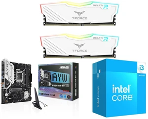 Team T-Force Delta RGB 16GB (2x8GB) DDR4 3200 Desktop Memory, ASUS B760M-AYW WIFI D4 II microATX motherboard, PCIe 5.0, 2 M.2 slots, Wi-Fi 6, Intel Core i3-14100 4-Core Processor, UHD Graphics 730 Team T-Force Delta RGB 16GB (2x8GB) DDR4 3200 Desktop Memory, ASUS B760M-AYW WIFI D4 II microATX motherboard, PCIe 5.0, 2 M.2 slots, Wi-Fi 6, Intel Core i3-14100 4-Core Processor, UHD Graphics 730