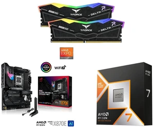 Team T-Force Delta RGB 64GB (2x32GB) DDR5 6000 RAM, ASUS ROG STRIX X870E-E GAMING WIFI AMD AM5 X870 ATX motherboard, AMD Ryzen 7 9850X3D 8-Core 5.6GHz Processor, WiFi 7, PCIe 5.0, USB4 Team T-Force Delta RGB 64GB (2x32GB) DDR5 6000 RAM, ASUS ROG STRIX X870E-E GAMING WIFI AMD AM5 X870 ATX motherboard, AMD Ryzen 7 9850X3D 8-Core 5.6GHz Processor, WiFi 7, PCIe 5.0, USB4