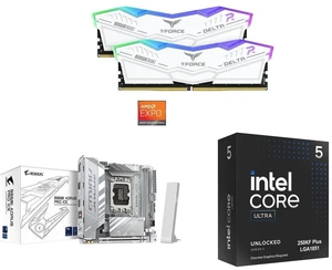 Team T-Force Delta RGB 32GB (2x16GB) DDR5 6400 Desktop RAM, GIGABYTE B860I AORUS PRO ICE Mini-ITX Motherboard, Intel Core Ultra 5 250KF Processor 18 cores up to 5.3 GHz, DDR5, 2x M.2, PCIe 5.0, Thunderbolt 4, WIFI7, 2.5GbE LAN Team T-Force Delta RGB 32GB (2x16GB) DDR5 6400 Desktop RAM, GIGABYTE B860I AORUS PRO ICE Mini-ITX Motherboard, Intel Core Ultra 5 250KF Processor 18 cores up to 5.3 GHz, DDR5, 2x M.2, PCIe 5.0, Thunderbolt 4, WIFI7, 2.5GbE LAN