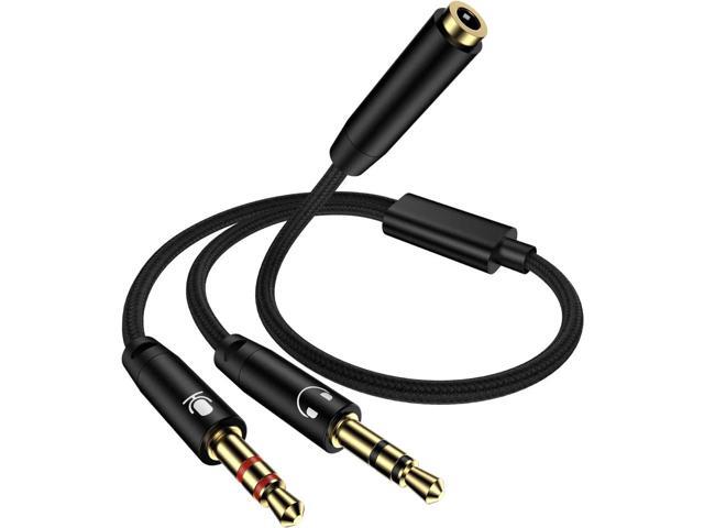 Headphone Mic Splitter for PC Braided 3.5mm Female to 2 Dual Male Audio Adapter 2-in-1 Y Separator Aux Dongle Converters Cable Cord Compatible with
