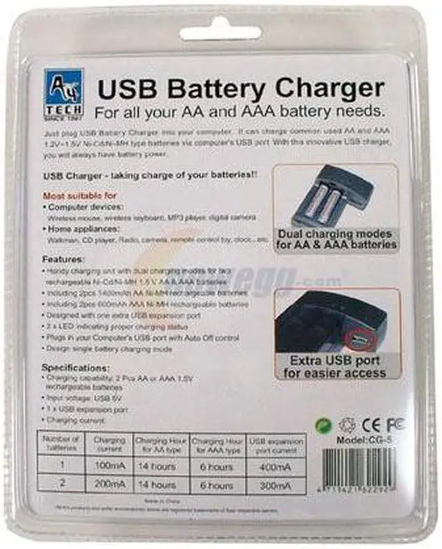 Alt view image 2 of 2 - A4Tech CG-5 4-pack AA Ni-MH 1400mAh and AAA 600 mAh batteries AA & AAA Ni-MH Rechargeable Batteries & Charger Kit