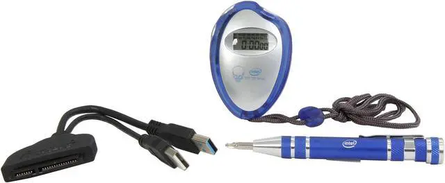 Main image of Intel SSD Upgrade kit including a SATA to USB3.0 data transfer cable, screwdriver & Stop watch
