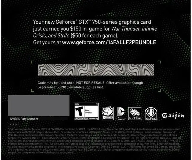Alt view image 2 of 2 - NVIDIA $150 In-Game currency for Strife, War Thunder, and Infinite Crisis
