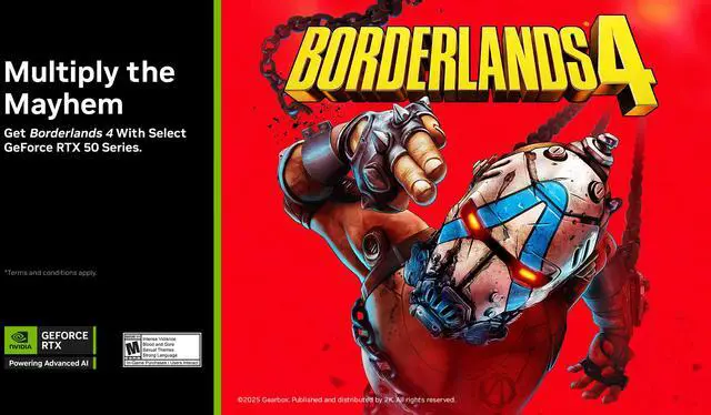 Main image of GPU - Borderlands 4 - GeForce RTX 50 Series game Bundle. While supplies last. Bundle applies for qualifying graphics cards: