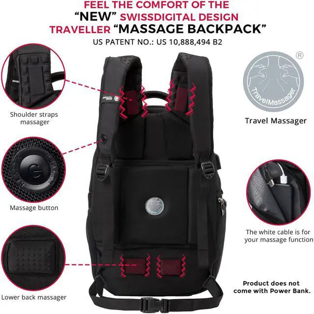Alt view image 4 of 5 - Swissdigital Neptune Massage Backpack – 15.6? Laptop Pocket – Large Capacity – Durable Materials – Patented Smart USB Charging System – RFID Protection – Add-A-Bag System (SD1003M-V1)