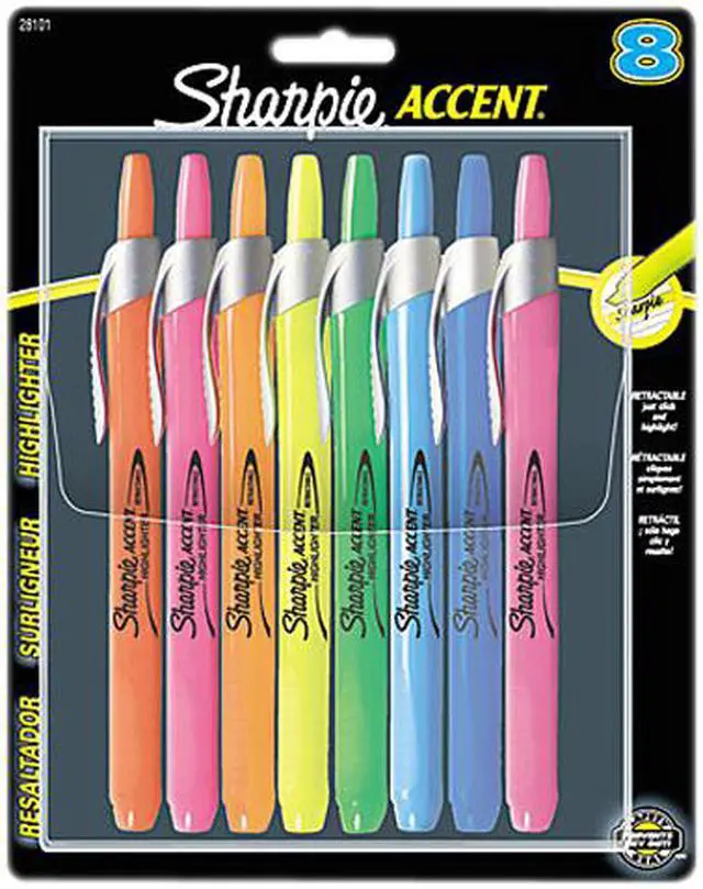 Main image of Sharpie Accent Retractable Highlighters Chisel Tip Assorted Colors 8/Set 28101