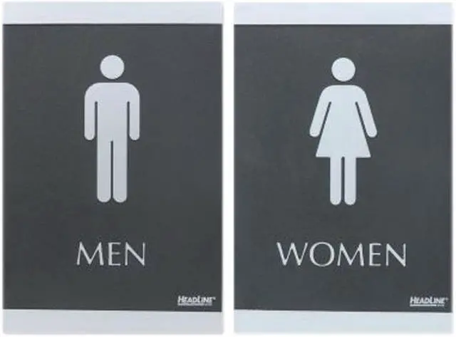 Main image of U.S. Stamp & Sign 2 ADA Signs "MEN" "WOMEN" Adhesive 6"x9" Silver/BK 4248