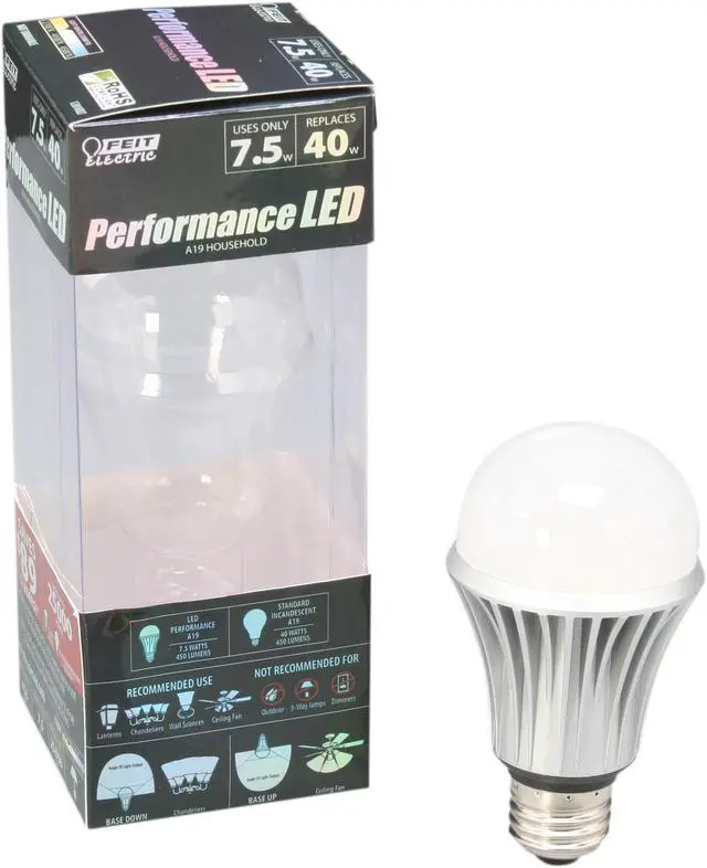 Alt view image 5 of 5 - Feit Electrical A19 LED Light Bulb / E26 Base / 7.5W / 40W Replace / 450 Lumen / NonDimmable / UL / 3000K / Soft White