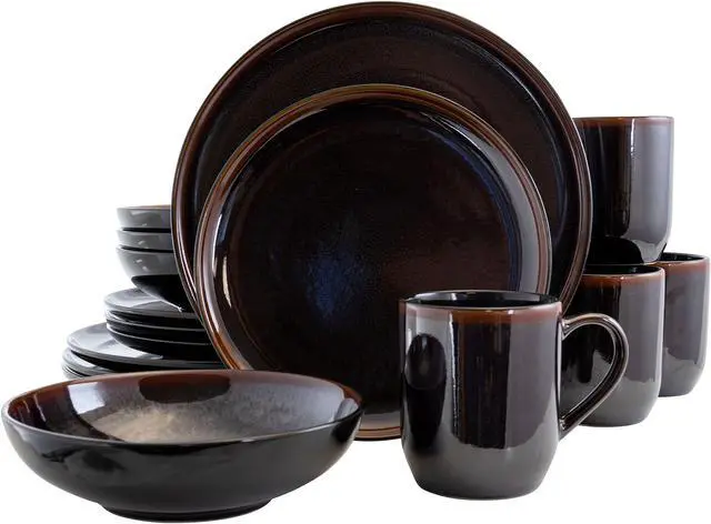 Main image of Elama Midnight Beach 16 Piece Round Stoneware Dinnerware Set in Metallic Black