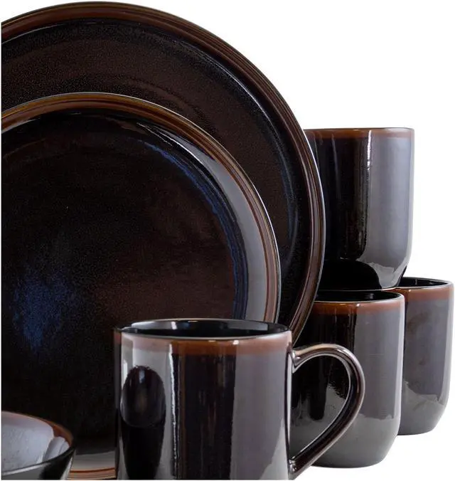 Alt view image 2 of 8 - Elama Midnight Beach 16 Piece Round Stoneware Dinnerware Set in Metallic Black