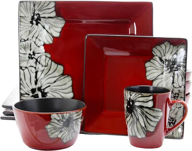 Main image of Elama Winter Bloom 16 Piece Square Stoneware Dinnerware Set