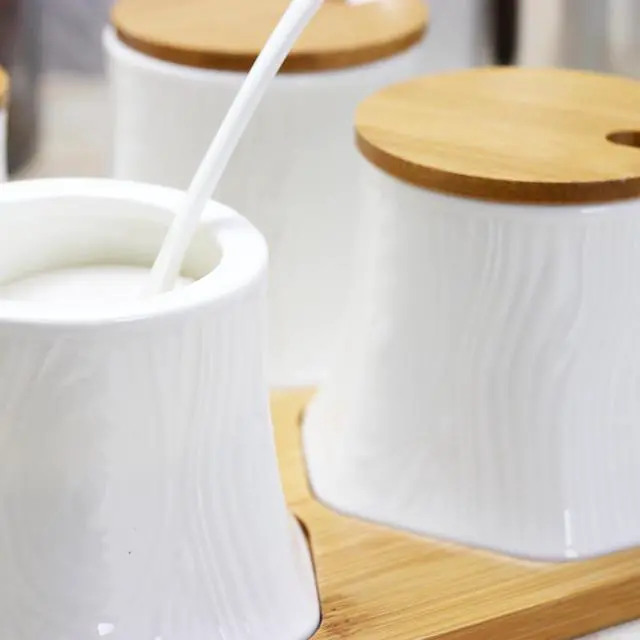 Alt view image 3 of 3 - Elama Ceramic Spice, Jam and Salsa Jars with Bamboo Lids & Serving Spoons EL-379