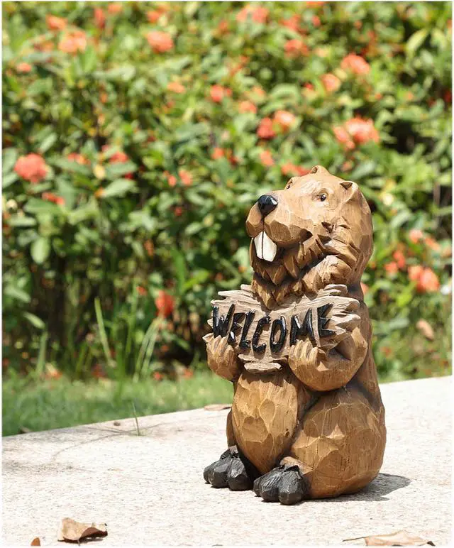 Alt view image 6 of 6 - Hi-Line Gift Beaver Holding A Welcome Sign