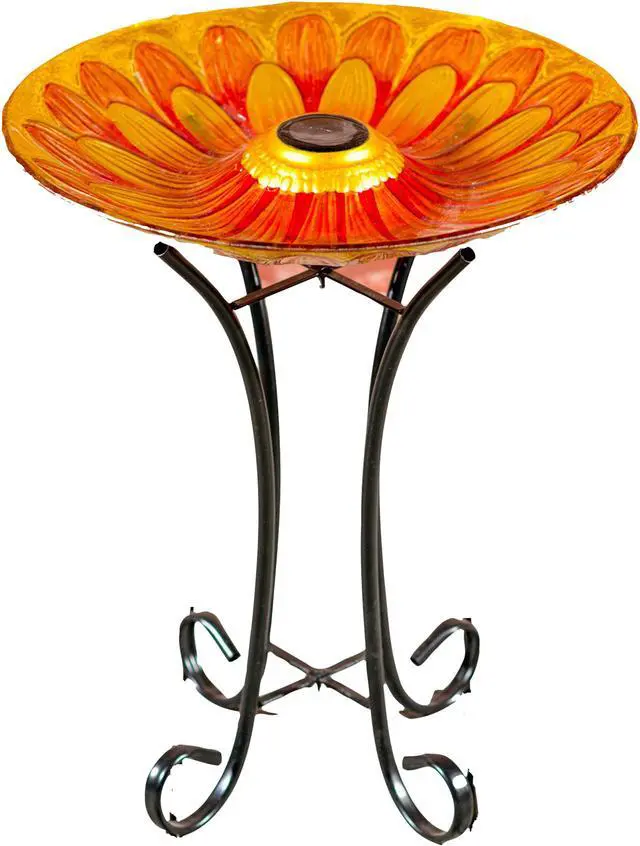 Main image of Hi-Line Gift LED Solar Floral Glass Bird Bath with Stand