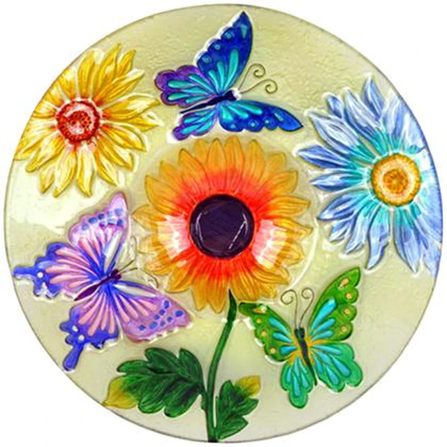 Alt view image 2 of 5 - Hi-Line Gift Solar Floral Glass Butterfly Bird Bath with Stand