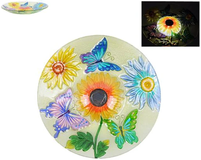 Alt view image 3 of 5 - Hi-Line Gift Solar Floral Glass Butterfly Bird Bath with Stand