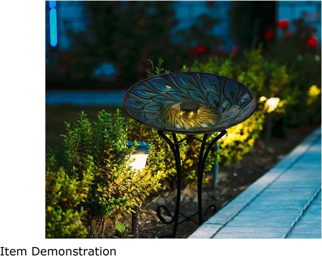 Alt view image 4 of 4 - Hi-Line Gift LED Solar Glass Peacock Feathers Bird Bath with Stand