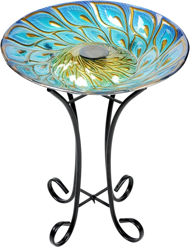 Main image of Hi-Line Gift LED Solar Glass Peacock Feathers Bird Bath with Stand