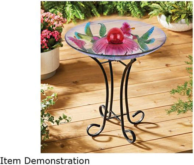 Alt view image 4 of 5 - Hi-Line Gift Solar Orb Floral Glass Hummingbird Bird Bath with Stand